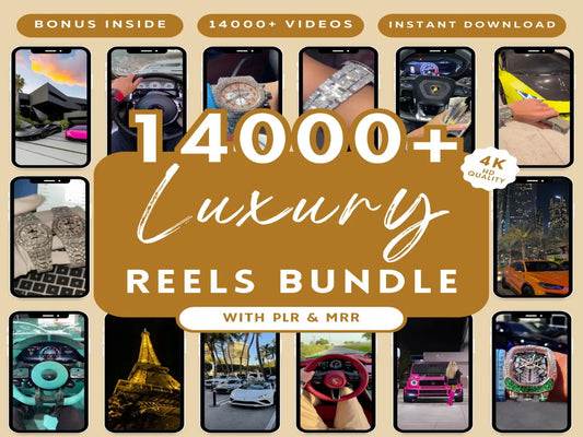 Promotional image of a '14000+ Luxury Reels Bundle' with various images on a beige background.